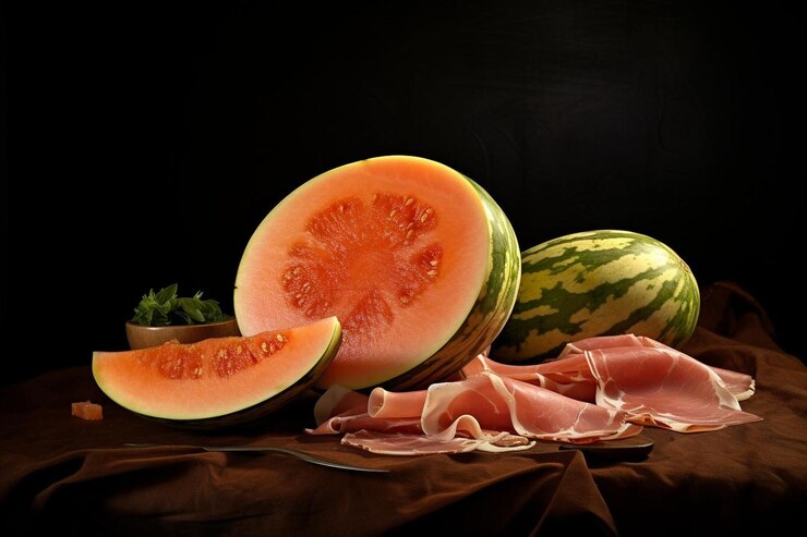 Foto lussuoso melone e prosciutto prosciutto e melone fotografia alimentare