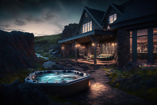 Lussuoso patio posteriore islandese con vasca idromassaggio jacuzzi