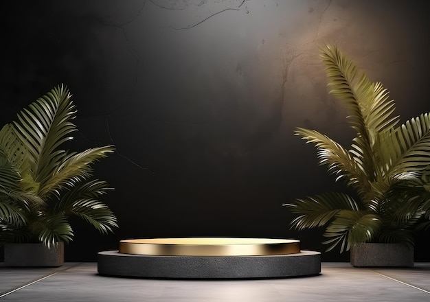 Lussuoso podio rotondo nero e oro e sfondo a strisce dorate verticali Forma 3D astratta per la visualizzazione di prodotti pubblicitari Sala studio di scena minima AI Generativa