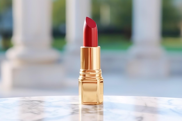 Lussuoso rossetto rosso in tubo dorato su marmo cosmetici di bellezza e prodotti di trucco di lusso post-trattati generativi ai