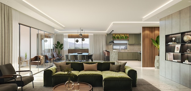 Lussuoso soggiorno con splendidi mobili progettati e progettati