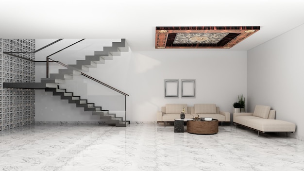Lussuoso soggiorno di fronte alle scale con divano color crema e soffitto in legno