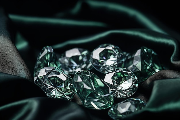 Lussuoso tessuto di velluto verde scuro con sfondo di smeraldi e diamanti scintillanti