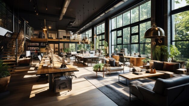 Lussuoso ufficio con spazio di lavoro decorato con interni dal design moderno in stile loft industriale