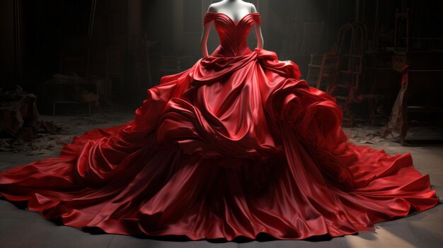Lussuoso vestito di taffeta rosso a spalla in un ambiente da racconto
