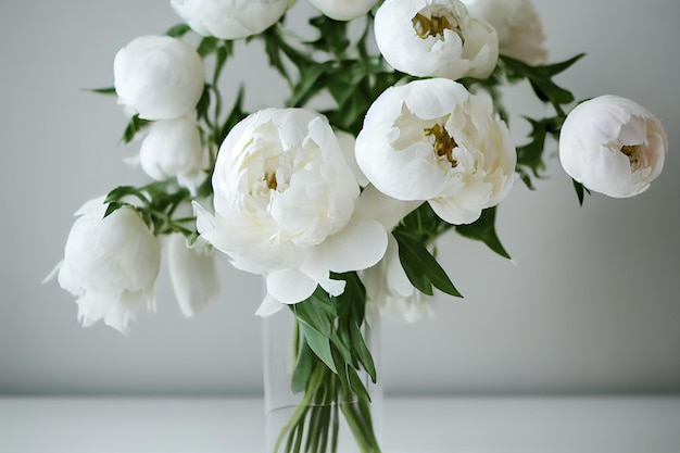 Lussureggiante bouquet di fiori di peone bianco in vaso trasparente su sfondo grigio