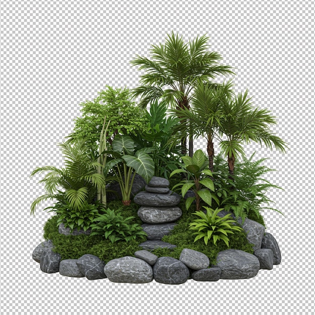 Lussureggiante giardino tropicale con pietre impilate
