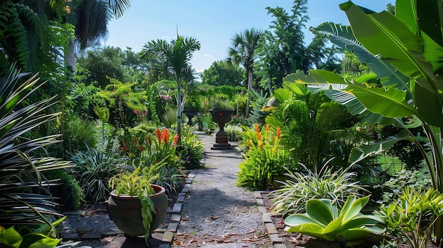 Lussureggiante giardino tropicale con un sentiero di pietra e una varietà di piante e fiori