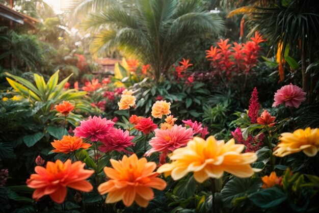 Lussureggiante giardino tropicale con una varietà di fiori esotici di colori vivaci e petali intricati
