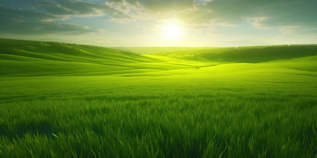 Lussureggianti campi verdi di colture in crescita sotto un cielo illuminato dal sole vibrante paesaggio rurale Illustrazione realistica dell'IA generativa