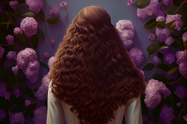 Lussureggianti capelli ricci spessi donna su sfondo fiore illustrazione di cure di bellezza IA generativa