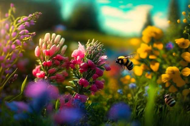 Lussureggianti prati verdi ronzano di api ronzanti fiori vibranti dipingono una tela vivida e dolci brezze sussurrano segreti estivi