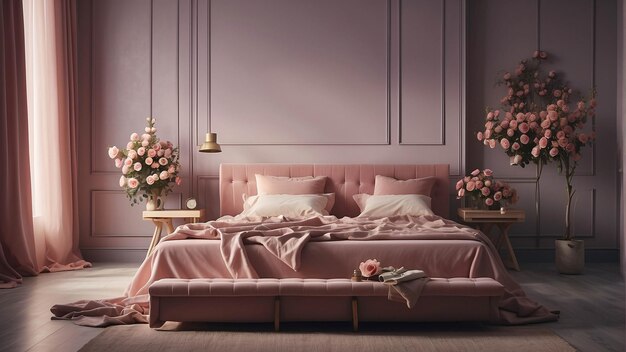 Luxurious Classic e Elegant Peach Interior Design per camera da letto con rose e fiori sullo sfondo