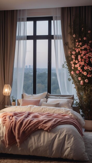 Luxurious Classic e Elegant Peach Interior Design per camera da letto con rose e fiori sullo sfondo