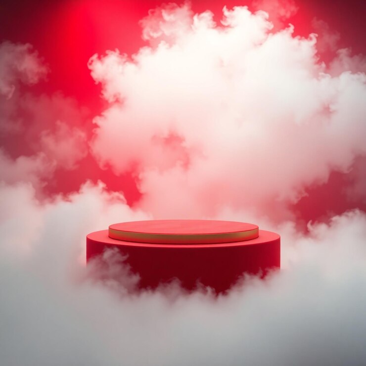 Luxurious Minimalist Red Podium with Flowing Abstract Backdrop