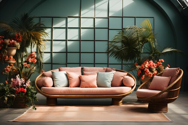 Luxurious rosa e verde colore pastello parete in salotto per l'interior design Home colorato design