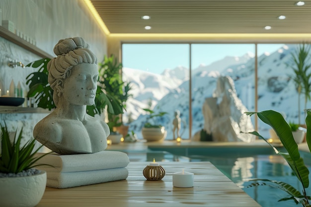 Luxurious Spa Retreat con busto classico e vista sulle montagne innevate attraverso finestre panoramiche