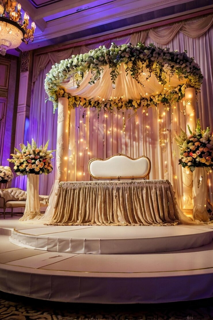 Luxurious wedding stage decoration design with flowers and fabric for a wedding ceremony
