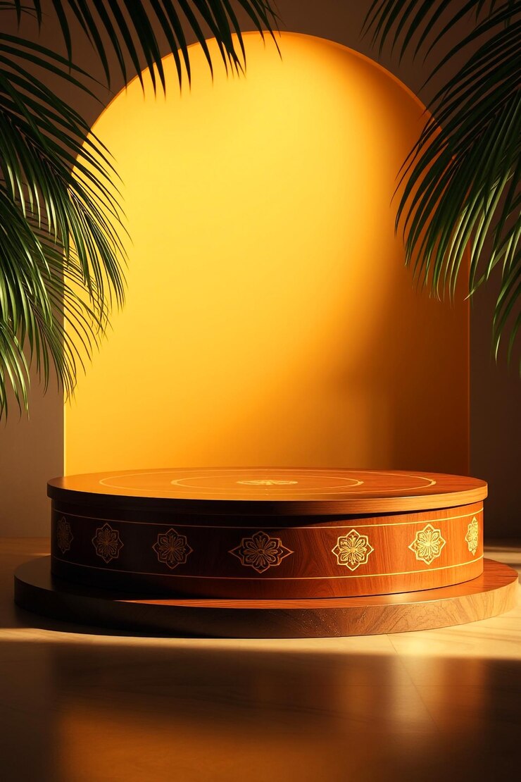 Luxurious Wooden Podium with Tropical Leaves and Golden Elegance