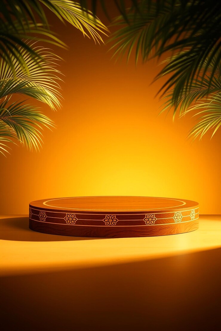 Luxurious Wooden Podium with Tropical Leaves and Golden Elegance