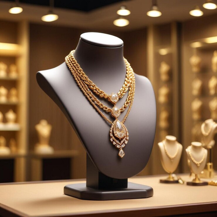 Luxuriousness of gold necklace adornments with bust mannequin by showcase jewelry display