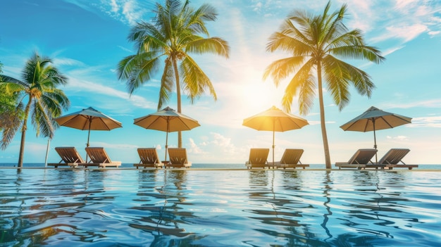 Luxury beach resort hotel piscina vacanze sedie da spiaggia sotto le palme cielo blu soleggiato