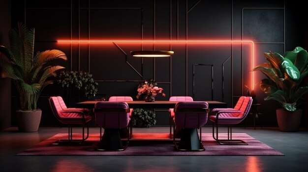 Luxury black neon lighting dining room interior design AI Generated Image