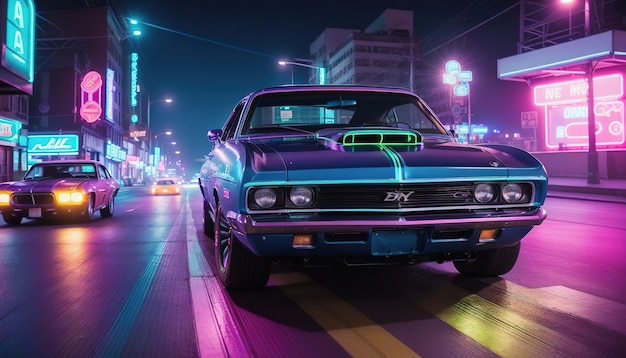 Luxury classica muscle car guida in città con luce al neon download gratuito