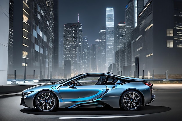 Luxury e una BMW i8 argentata sotto le luci nello showroom dell'Istanbul Turkey International Auto Show