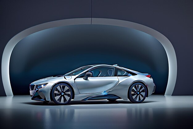 Luxury e una BMW i8 argentata sotto le luci nello showroom dell'Istanbul Turkey International Auto Show