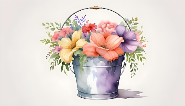 Luxury floral bucket flowers illustrazione disegnata a mano su sfondo bianco