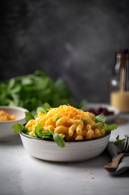 Mac e formaggio su piatto bianco servito con verdure e verdure