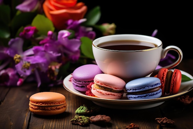 Macaron colorati con una tazza di tè su fondo di legno