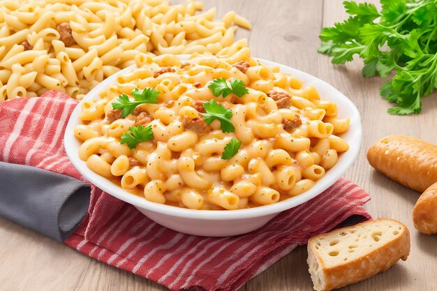 Macaroni con salsiccia su fondo di legno