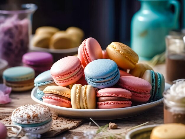 Macaroni francesi dolci e colorati su uno sfondo retrovintage ai generati