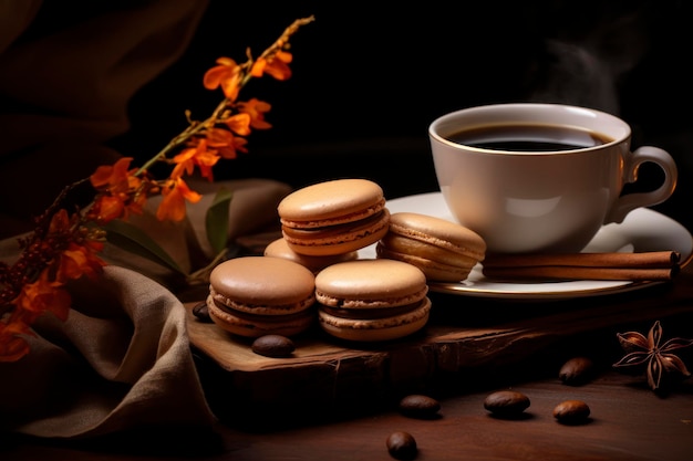 macaroni francesi su un piatto con tè e caffè nello stile dell'arancione scuro e del bronzo chiaro