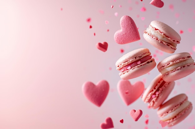 Macaroni rosa che volano su uno sfondo pastello con cuori d'amore rossi regalo dolce di San Valentino