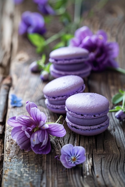 Macaroni viola con riempimento di crema su un tavolo di legno rustico con fiori di lilac