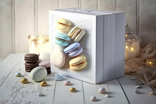 Macarons bianchi in una scatola Regalo Macarons AI generativa