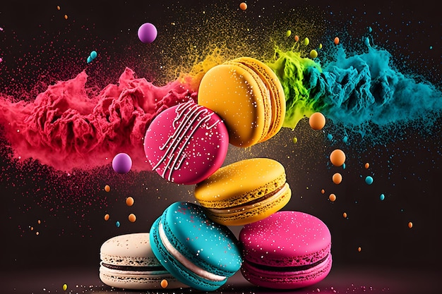 Macarons colorati con momento di esplosione di polvere di zucchero su sfondo nero Arte generata dalla rete neurale