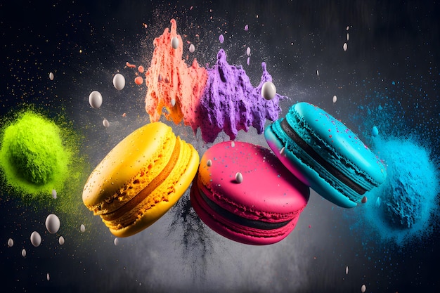 Macarons colorati con momento di esplosione di polvere di zucchero su sfondo nero Arte generata dalla rete neurale