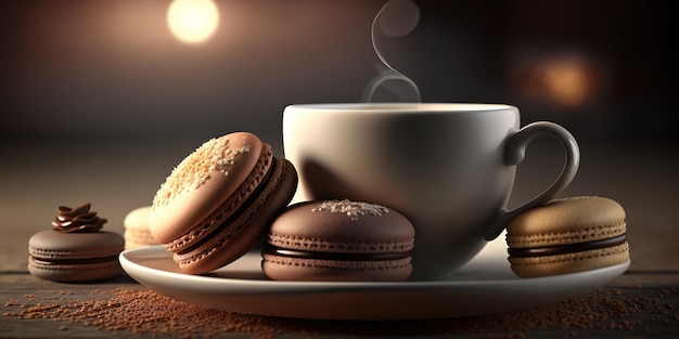 macarons con una tazza di caffè caldo su sfondo sfocato