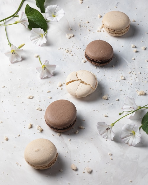 Macarons francesi al cioccolato e vaniglia con fiori su superficie bianca. dolce francese.