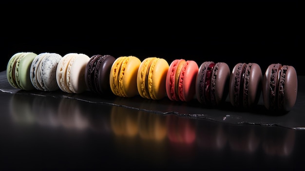 Macarons in linea con diversi colori su un tavolo nero