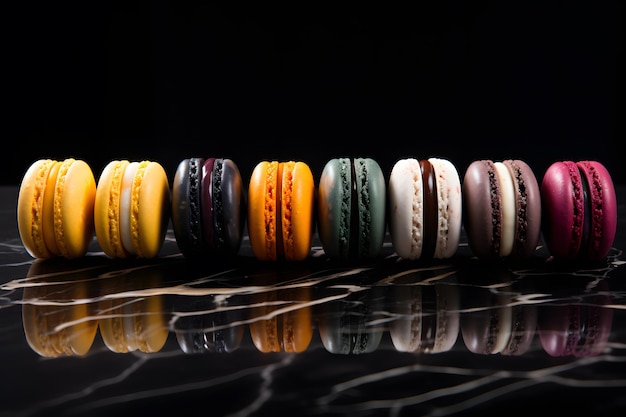 Macarons in linea con diversi colori su un tavolo nero