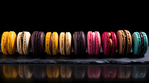 Macarons in linea con diversi colori su un tavolo nero