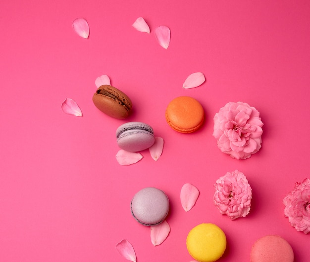 Macarons multicolori con crema e un bocciolo di rosa rosa con petali sparsi