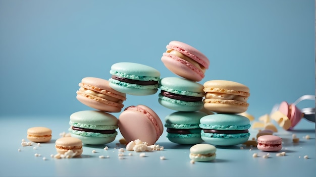 macarons su uno sfondo blu pastello