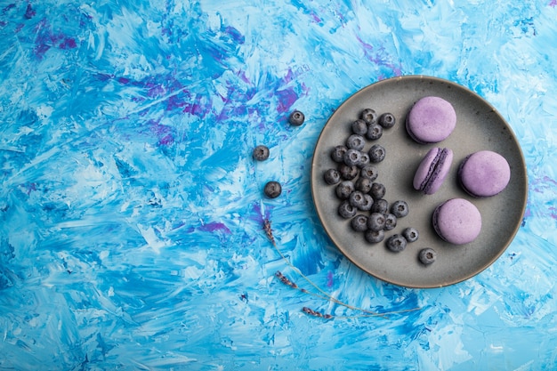 Macarons viola o torte macarons con mirtilli sul piatto di ceramica su una superficie di cemento blu