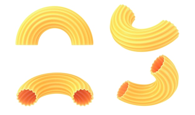 Maccheroni di pasta al gomito in diverse angolazioni set di icone di rendering 3d Mockup realistico del prodotto tradizionale della cucina italiana isolato su elementi di design di sfondo bianco per l'illustrazione 3D dell'annuncio alimentare